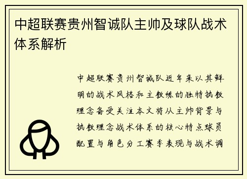 中超联赛贵州智诚队主帅及球队战术体系解析